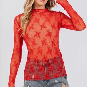 Red Lace Long Sleeve Top